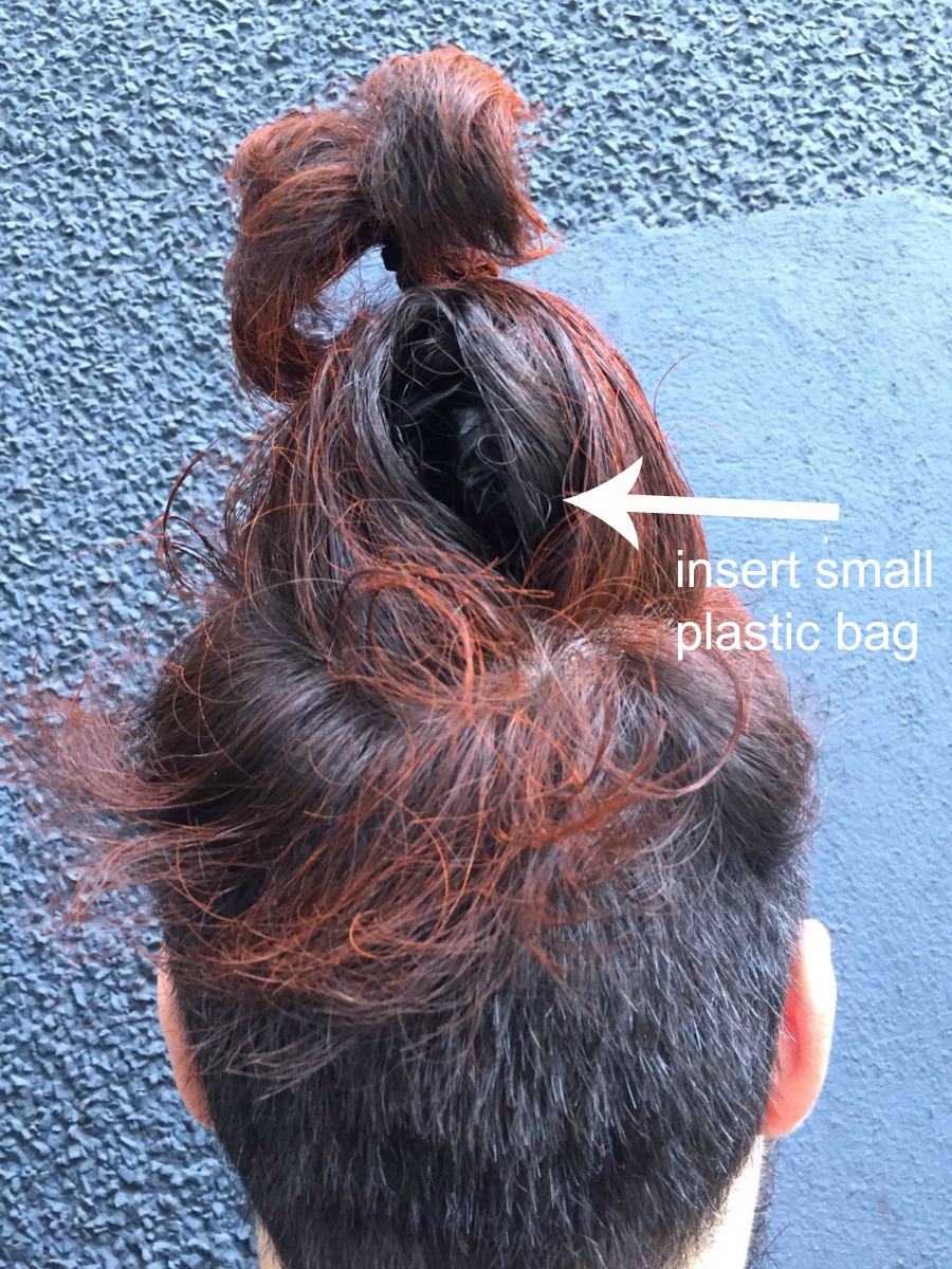 insert plastic bag to make hair stand tall.